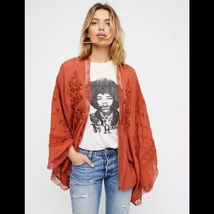 Free People Corazon Kimono Burnt Orange Beading Floral Crochet Trim Size S